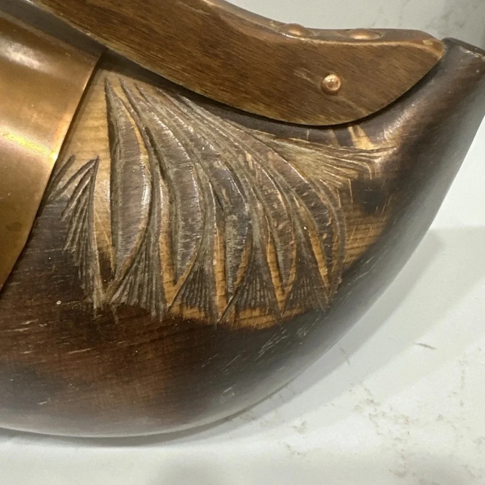 VIntage Carved Wood Clog/Shoe COPPER BAND Wine Bottle Holder- See Pics!